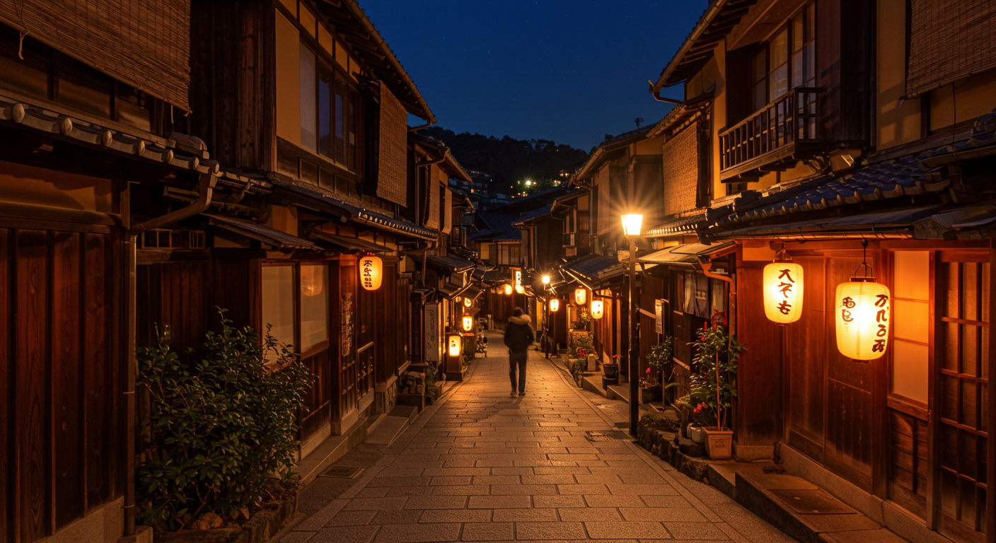 Evening View of Gion Lantern-lit Alleys Kyoto